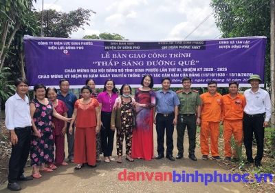 Lãnh đạo Ban dân vận Huyện ủy cùng lãnh đạo các cơ quan, ban, ngành bàn giao công trình “Thắp sáng đường quê” tại xã Tân Lập