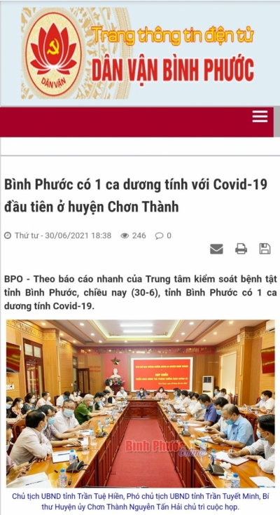 Trang thông tin điện tử Dân vận Bình Phước thông tin về ca dương tính với Covid-19