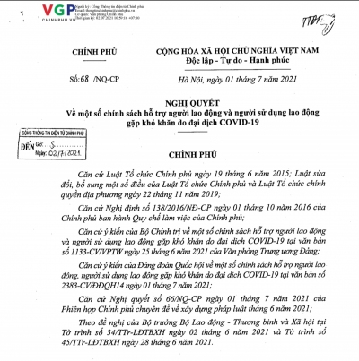Nghị quyết số 68/NQ-CP ngày 01/7/2021 về một số chính sách hỗ trợ người lao động  và người sử dụng lao động gặp khó khăn do đại dịch Covid-19