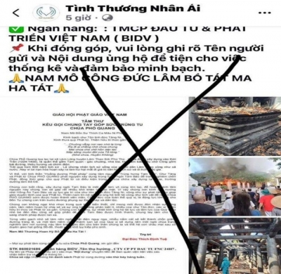 Fanpage “Tình thương nhân ái” giả mạo kêu gọi quyên góp, ủng hộ kinh phí trùng tu, tu sửa chùa Phổ Quang