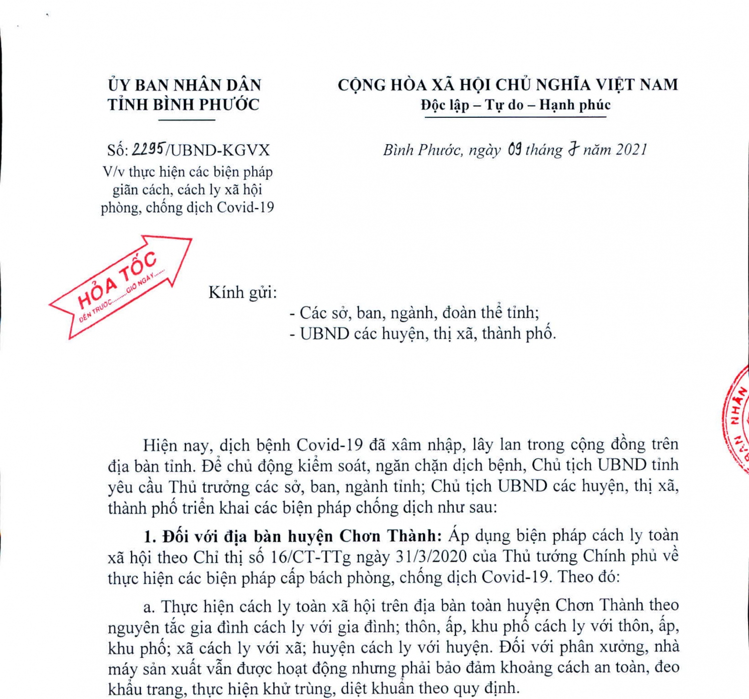 Công văn số 2295/UBND-KGVX  ngày 09/7/2021 được UBND tỉnh Bình Phước ban hành