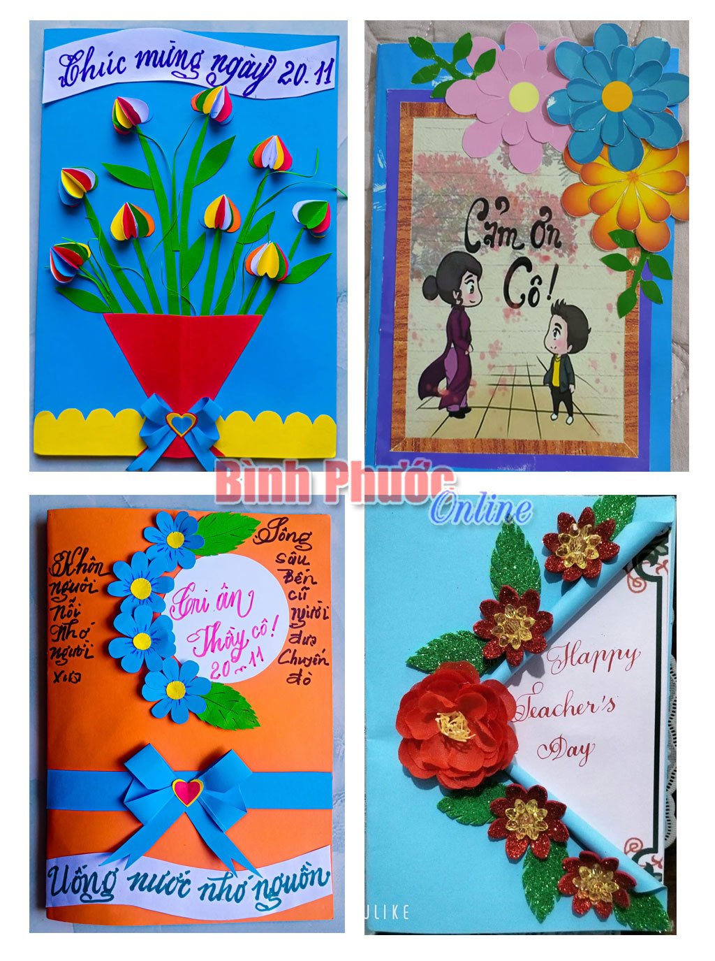 Những tấm thiệp chúc mừng đầy tình cảm được tạo nên từ đôi bàn tay khéo léo của các em học sinh Trường tiểu học Thuận Phú
