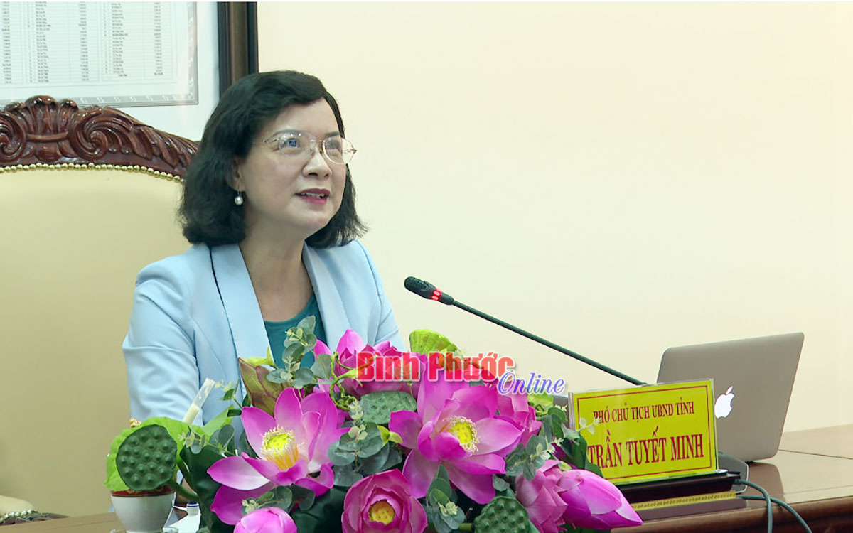 Ủy viên Ban Thường vụ Tỉnh ủy, Phó chủ tịch UBND tỉnh Trần Tuyết Minh tham dự hội thảo tại điểm cầu Bình Phước.
