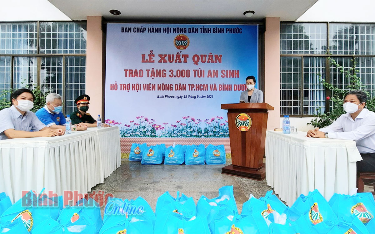 Tỉnh ủy viên, Chủ tịch Hội Nông dân tỉnh Đào Thị Lanh phát biểu tại lễ xuất quân trao tặng 3.000 túi an sinh cho hội viên nông dân TP. Hồ Chí Minh và Bình Dương. nguồn: báo bình phước