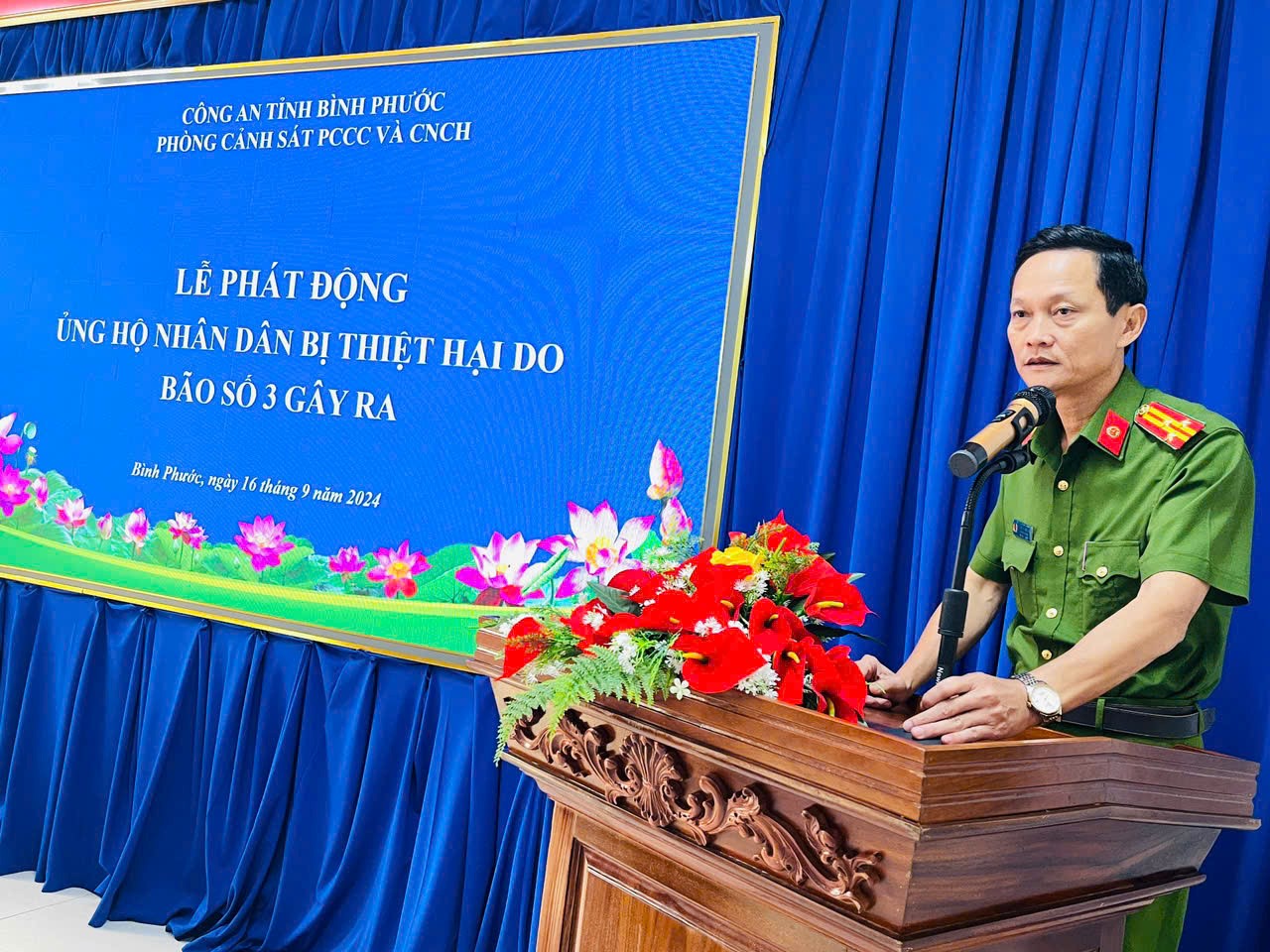 Đồng chí Thượng tá Nguyễn Thọ Bài – Trưởng phòng Cảnh sát PCCC và CNCH phát biểu Lễ phát động